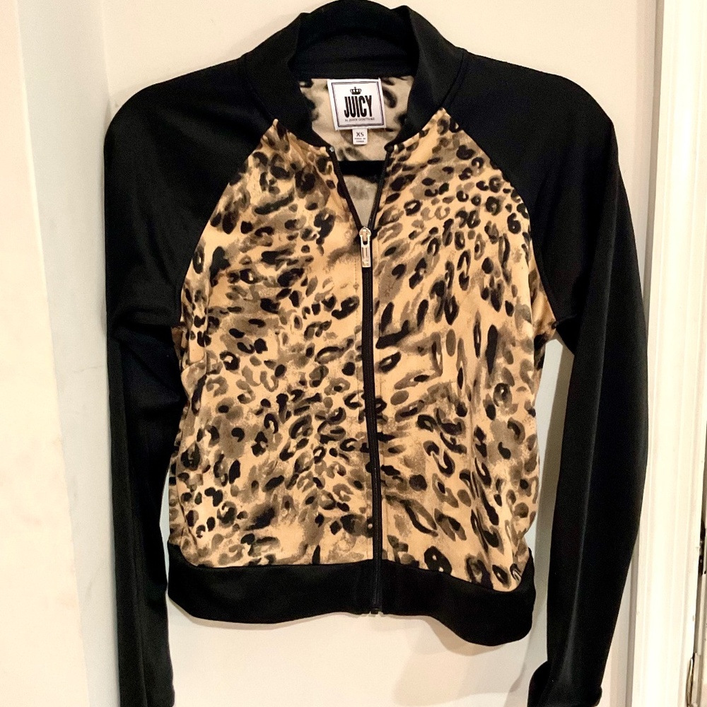 Juicy Couture Black and Leopard velour zip up jacket  size XS
